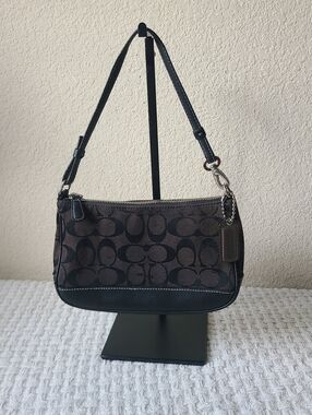 Coach Dark Brown Signature Canvas Shoulder Bag with Black Trim No. 125-6094